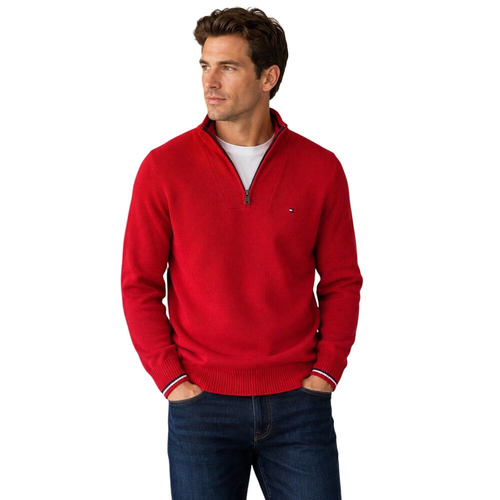 Tommy Hilfiger Men’s Red 1/4 Zip Cotton Sweater Flag Logo Pullover Large
